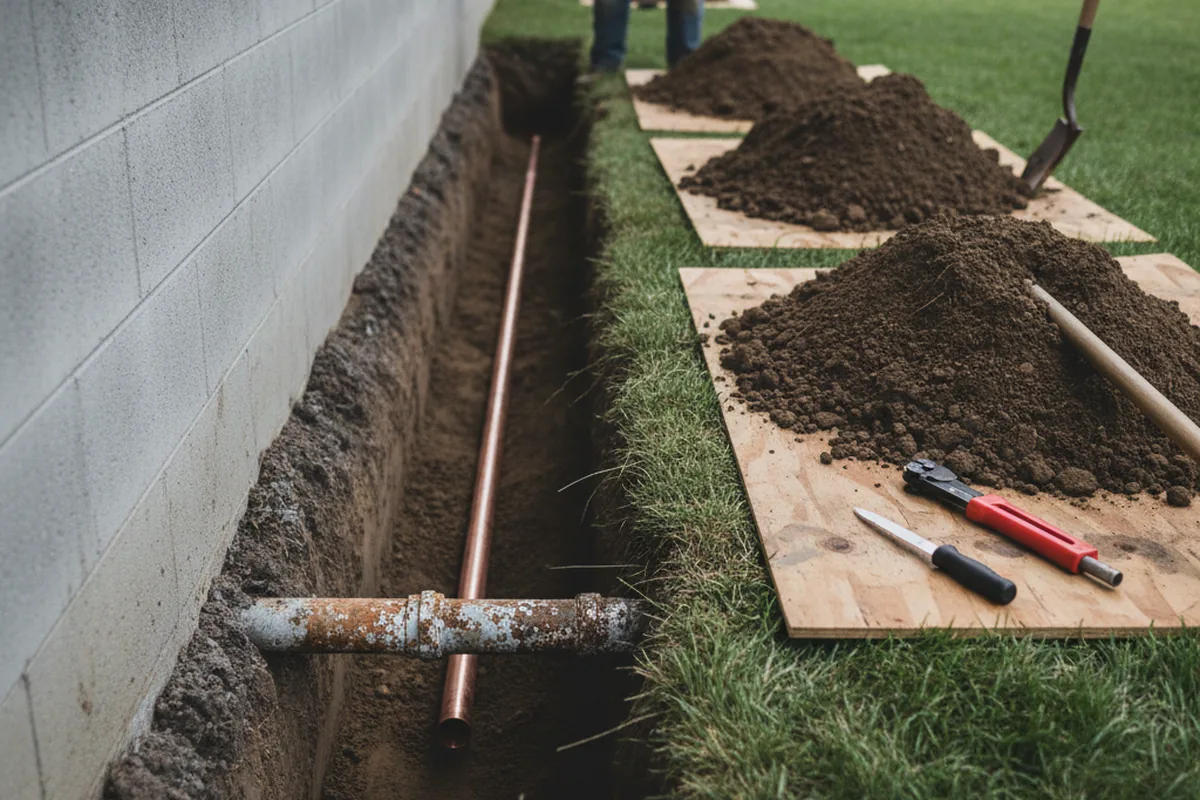 Excavated water line trench during Water Softener Installation in Frankford